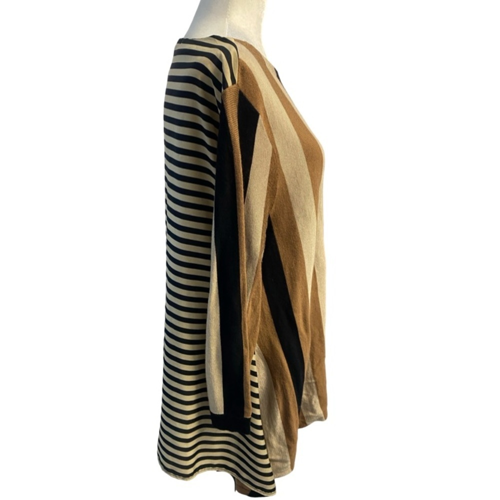 Chico's Trapeze Tunic Sweater Black, Brown, Tan, Cream Striped Elegant Tiny Pull - Picture 7 of 17